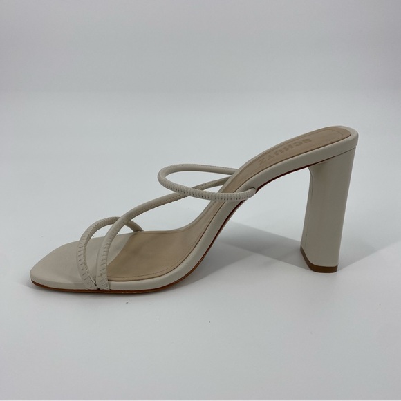 SCHUTZ Chessie Leather Asymmetrical Strap High Heel Sandals in Pearl - Picture 7 of 13